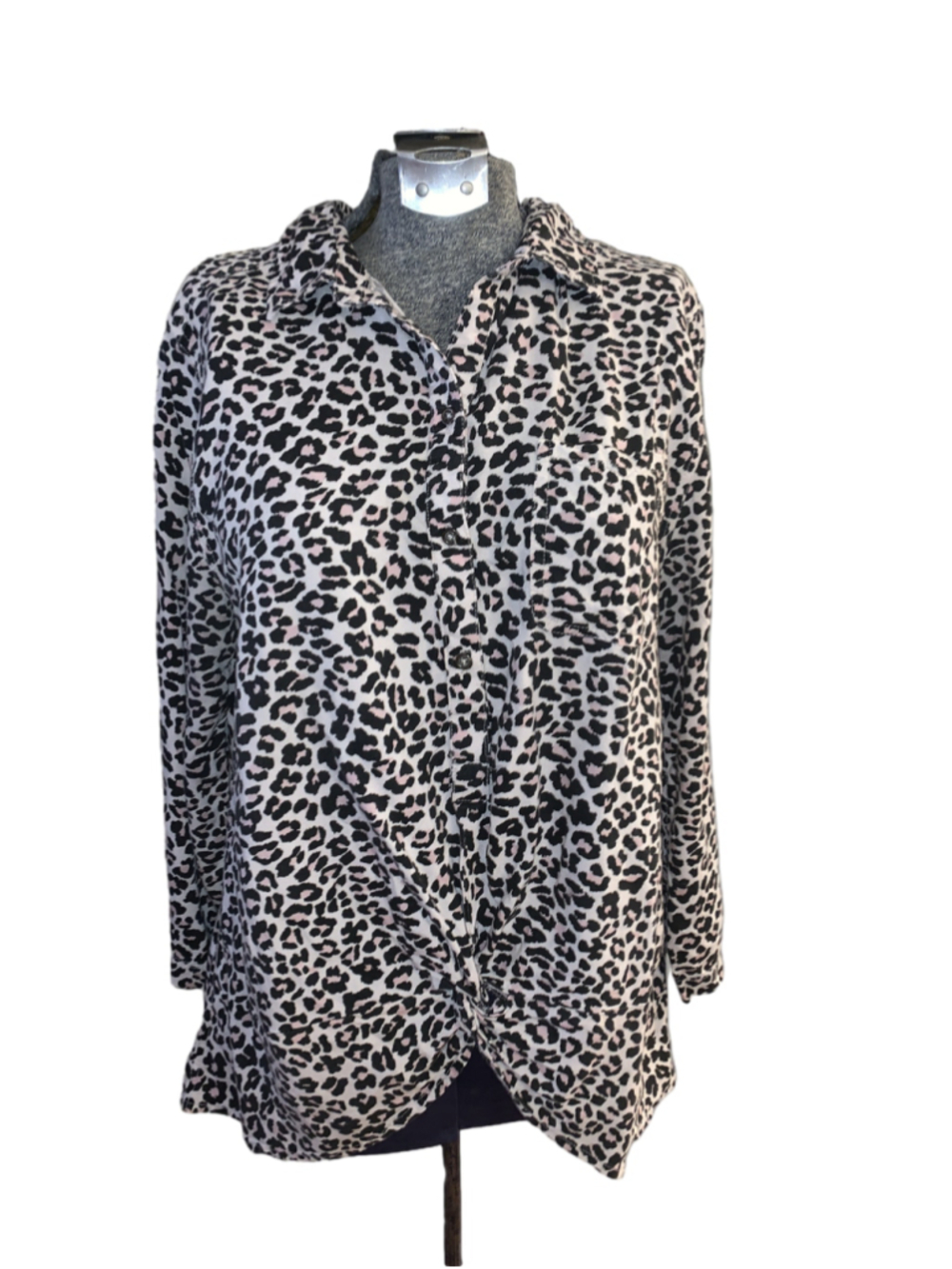 Women's C&C California Button Down Shirt L White Black Leopard Print